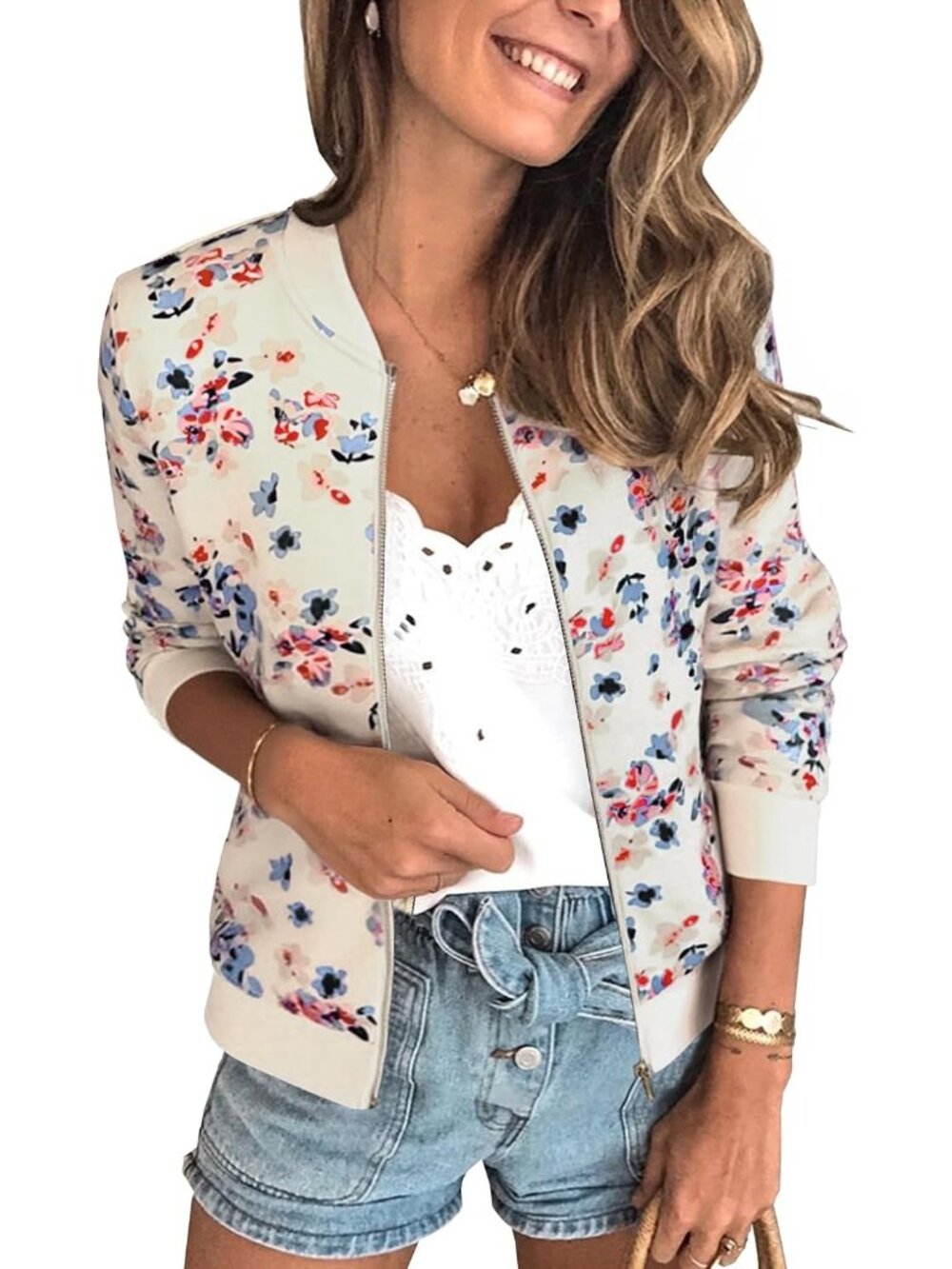 Women's Blue Floral Front Zip Closure Long Sleeve Lining Quilted Bomber Jacket